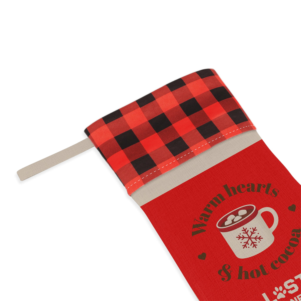 Christmas Stocking - 'Warm Hearts & Hot Cocoa' Red Plaid Holiday Stocking - Lost Pet Drone Recovery