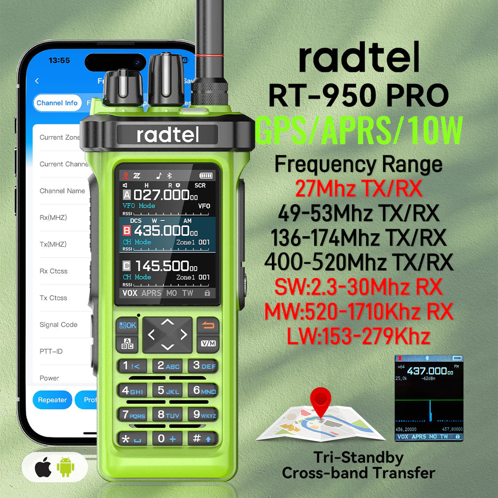 Radtel RT-950 PRO Green (27Mhz TX/RX) 10W Two Way Radio