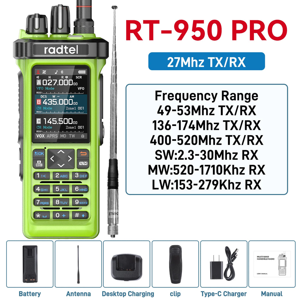 Radtel RT-950 PRO Green (27Mhz TX/RX) 10W Two Way Radio