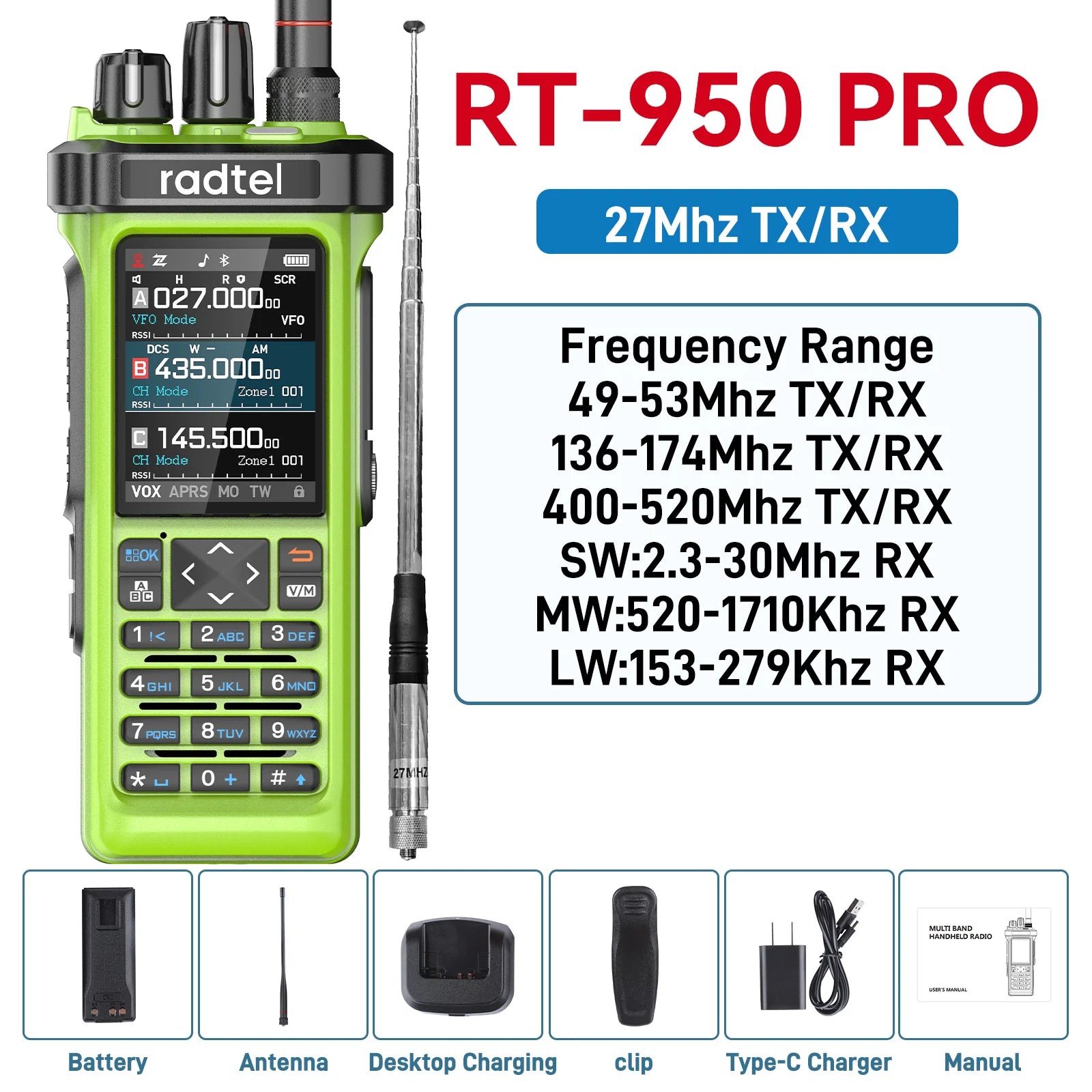 Radtel RT-950 PRO Green (27Mhz TX/RX) 10W Two Way Radio