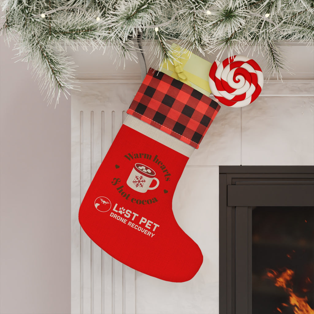 Christmas Stocking - 'Warm Hearts & Hot Cocoa' Red Plaid Holiday Stocking - Lost Pet Drone Recovery